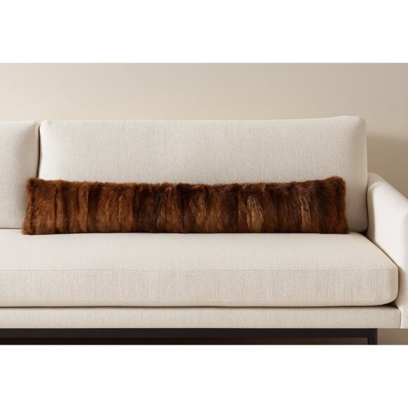 Genuine Rabbit Fur Lumbar Pillow leather Luxe Brown Real Fur Home Decor 42”x5” - Picture 1 of 9